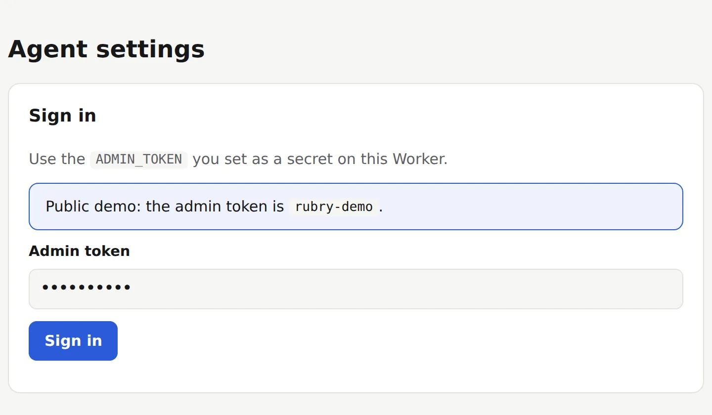 The example's sign-in screen, with the public admin token