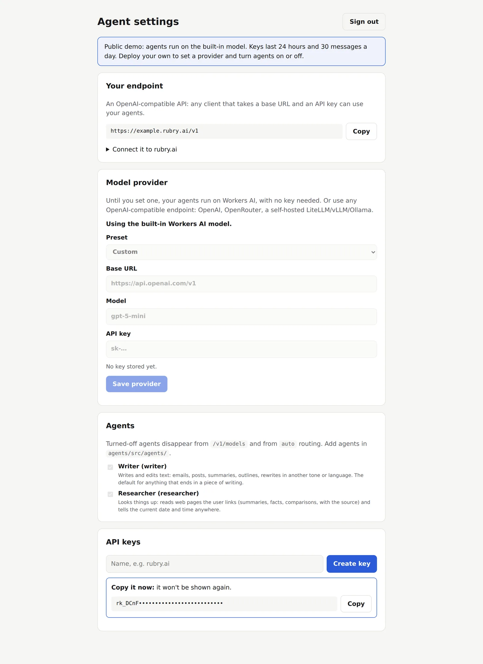 A página de configurações do exemplo: endpoint, provedor, agentes e uma chave nova